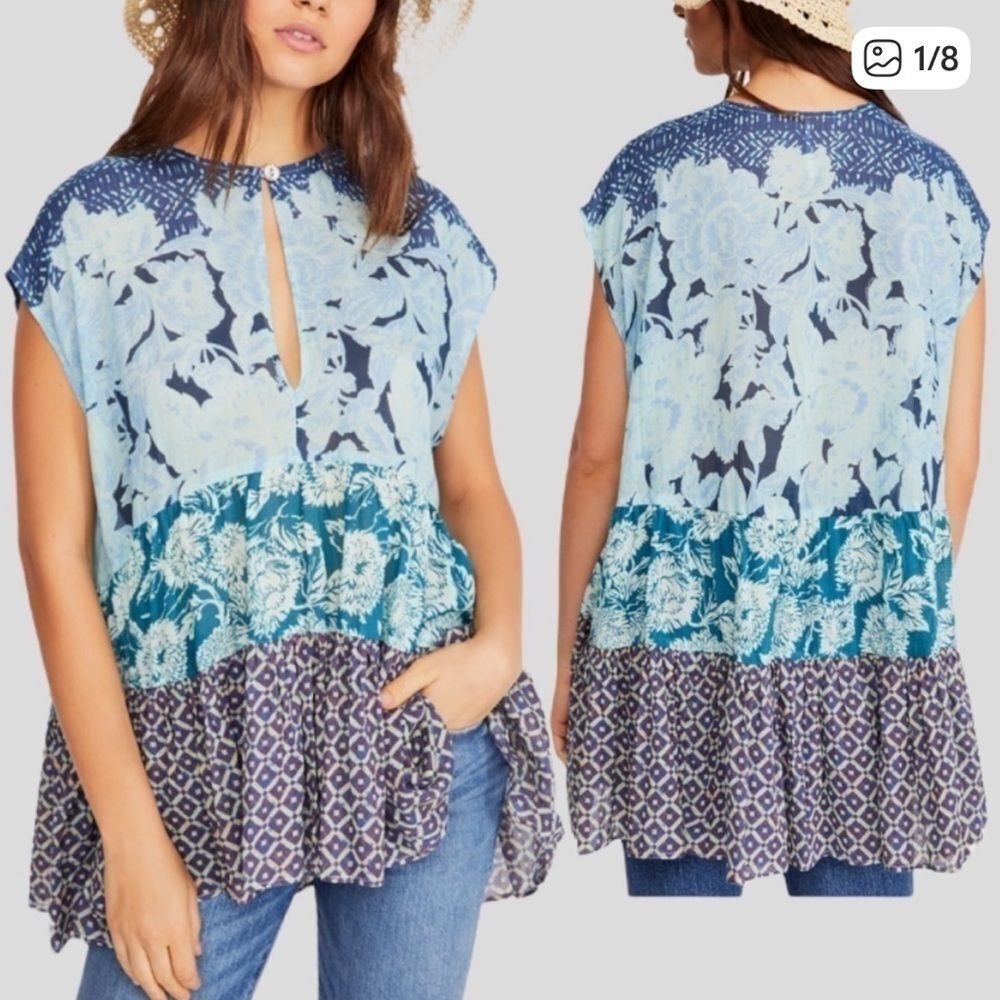 Free People Gotta Have You Tiered Tunic Top Blouse Blue Purple